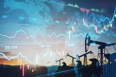 Rise in prices concept with double exposure of digital screen with financial chart graphs and oil pumps on a field